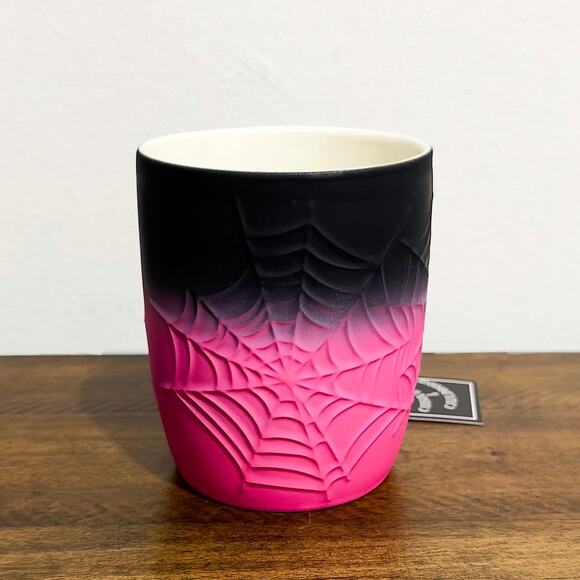 NWT: Cobwebs & Cauldrons - Pink and Black Ombré, Textured, Spiderweb Mug - Picture 2 of 3